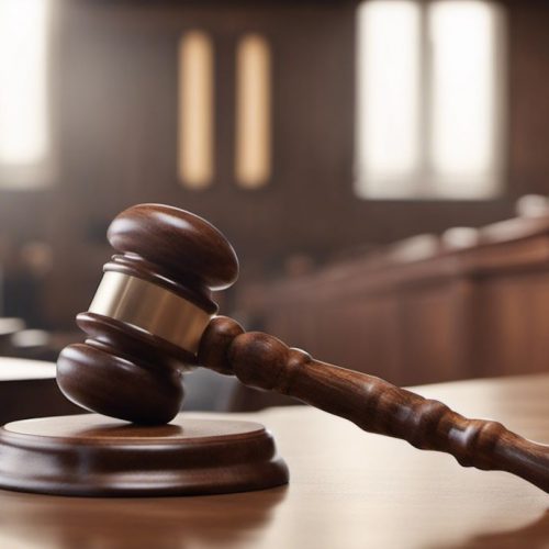 Holzhammer eines Richters in einem leeren Gerichtssaal.