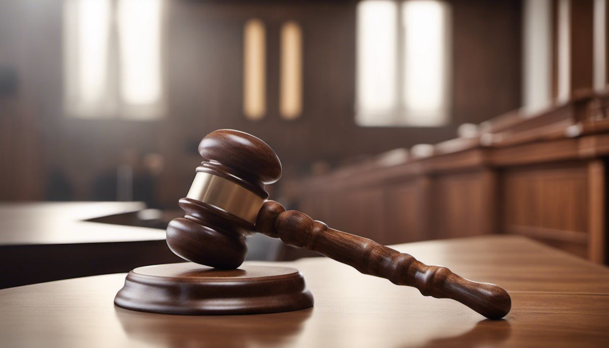 Holzhammer eines Richters in einem leeren Gerichtssaal.