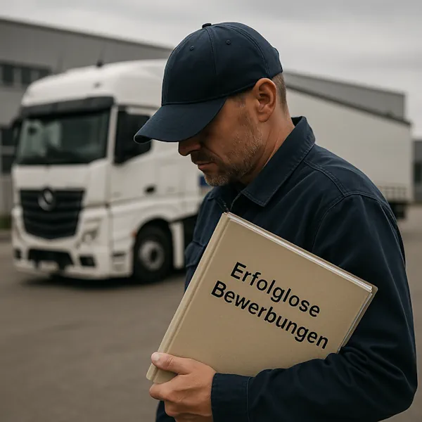 Ein Lkw-Fahrer geht mit einer tief ins Gesicht gezogenen Mütze und einer Mappe unter dem Arm an seinem Lkw vorbei.