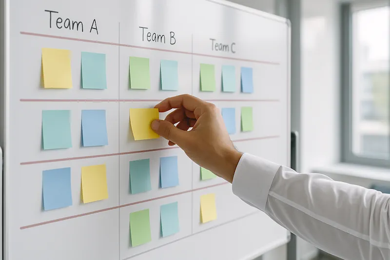 Ein Whiteboard mit Notizzetteln, gruppiert nach Teams. Die Notizzettel werden neuen Teams zugeordnet.