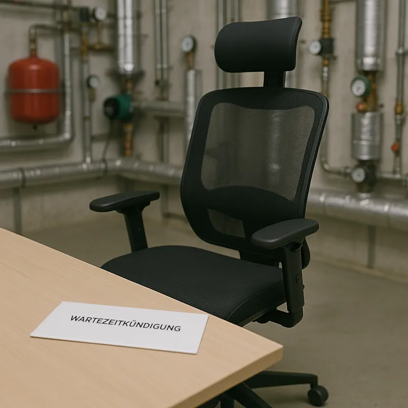 Ein leerer Schreibtisch in einem Haustechnik-Büro mit einer einzigen Notiz und dem Inhalt "Wartezeitkündigung".