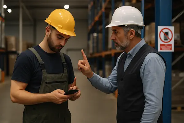 Ein Vorgesetzter ermahnt einen Lagermitarbeiter wegen dessen im Betrieb verbotenen, privaten Handynutzung.