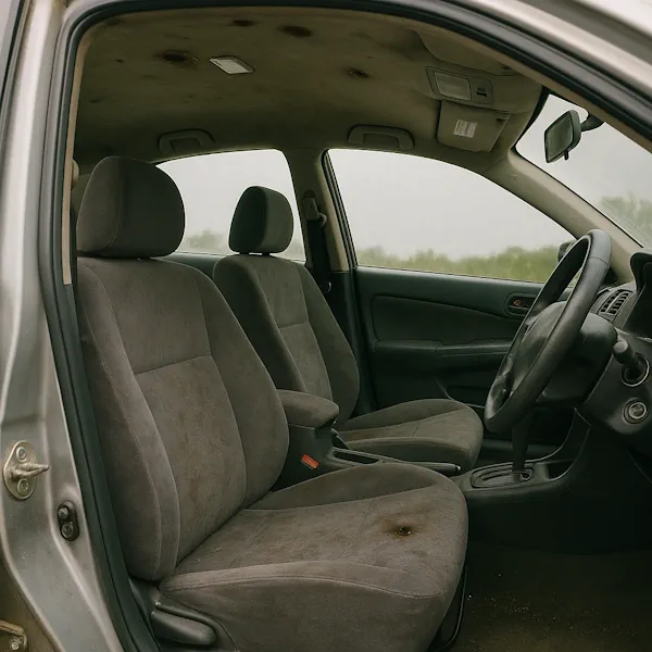 Eine Visualisierung eines Raucherfahrzeugs mit Brandlöchern auf den Sitzen, passend zum LAG Urteil mit dem Aktenzeichen 7 SLa 175/24.