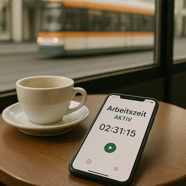 Geöffnete Arbeitszeit-App auf dem Handy mit dem Status "am Arbeiten". Das Handy liegt in einem Café auf dem Tisch, neben einer Tasse Kaffee.