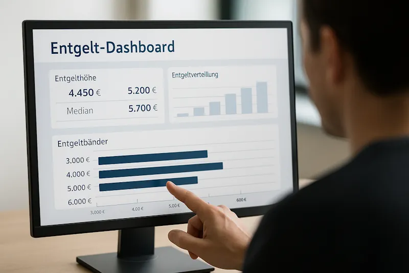 Person betrachtet ein Entgelt-Dashboard am Bildschirm mit Entgelthöhen, Medianwerten, Entgeltverteilung und Balkendiagrammen.