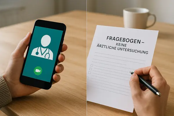 Symbolbild zum Sachverhalt, auf der einen Seite ein videobasierter Arztkontakt und auf der anderen ein Fragebogen ohne Arztkontakt.