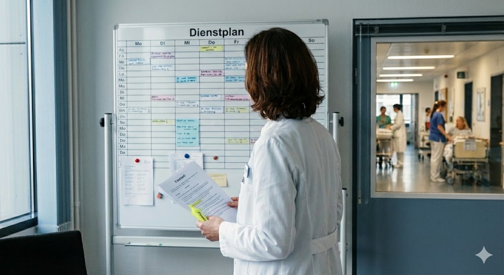 Person in weißem Arztkittel betrachtet einen großen Dienstplan an einer Tafel, im Hintergrund durch eine Glastür sichtbarer Klinikflur mit Pflegepersonal und Patientinnen.
