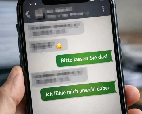 Verpixelte WhatsApp-Nachrichten in einem Chatverlauf einerseits und klar abweisenden Antworten andererseits.