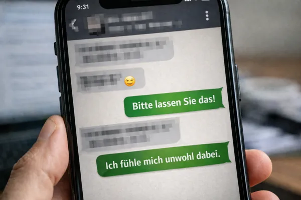 Verpixelte WhatsApp-Nachrichten in einem Chatverlauf einerseits und klar abweisenden Antworten andererseits.