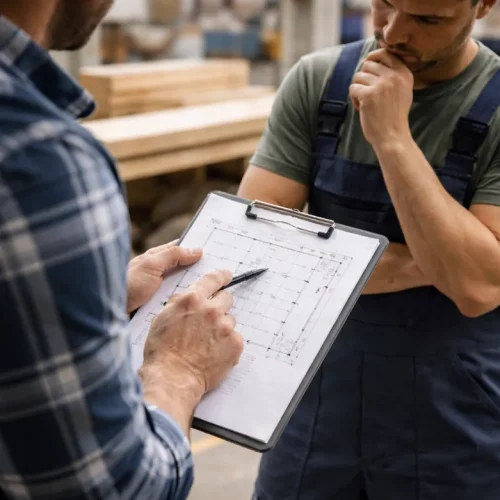 Eine Illustration des LAG-Urteils Aktenzeichen 2 SLa 31/24: Ein Schichtführer beauftragt einen unterstellten Kollegen mit dem Holzzuschnitt für private Zwecke während der Arbeitszeit.