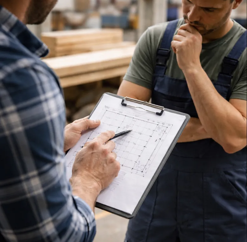 Eine Illustration des LAG-Urteils Aktenzeichen 2 SLa 31/24: Ein Schichtführer beauftragt einen unterstellten Kollegen mit dem Holzzuschnitt für private Zwecke während der Arbeitszeit.
